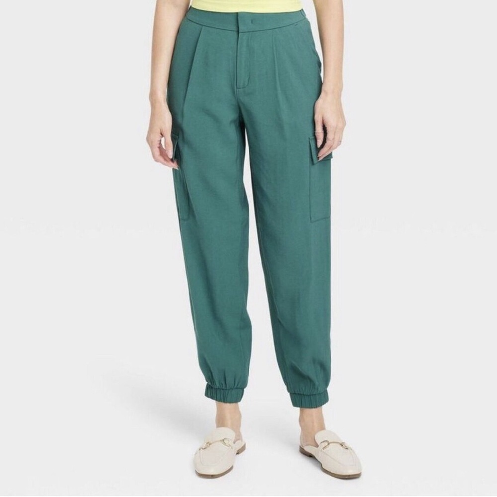 A New Day Cargo Jogger Pants Green Elastic Cuff Utility Pockets High Rise Size 8